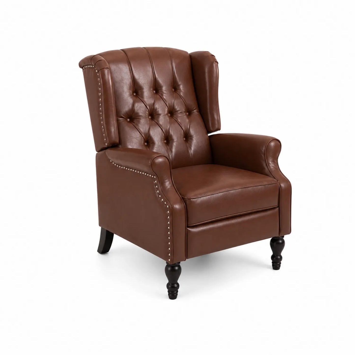 Fauteuil en cuir brun avec accoudoirs et dossier capitonné