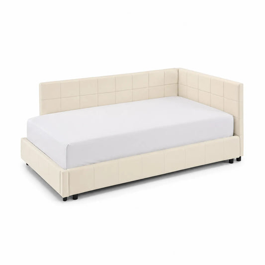 Lit d'angle en cuir synthétique crème avec matelas