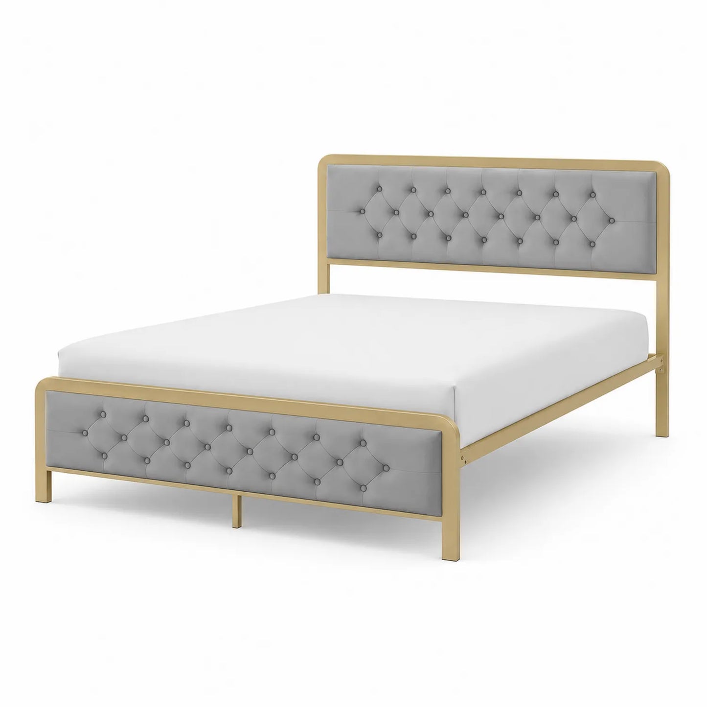 Lit double en métal doré avec rembourrage tissu gris 200x150 cm