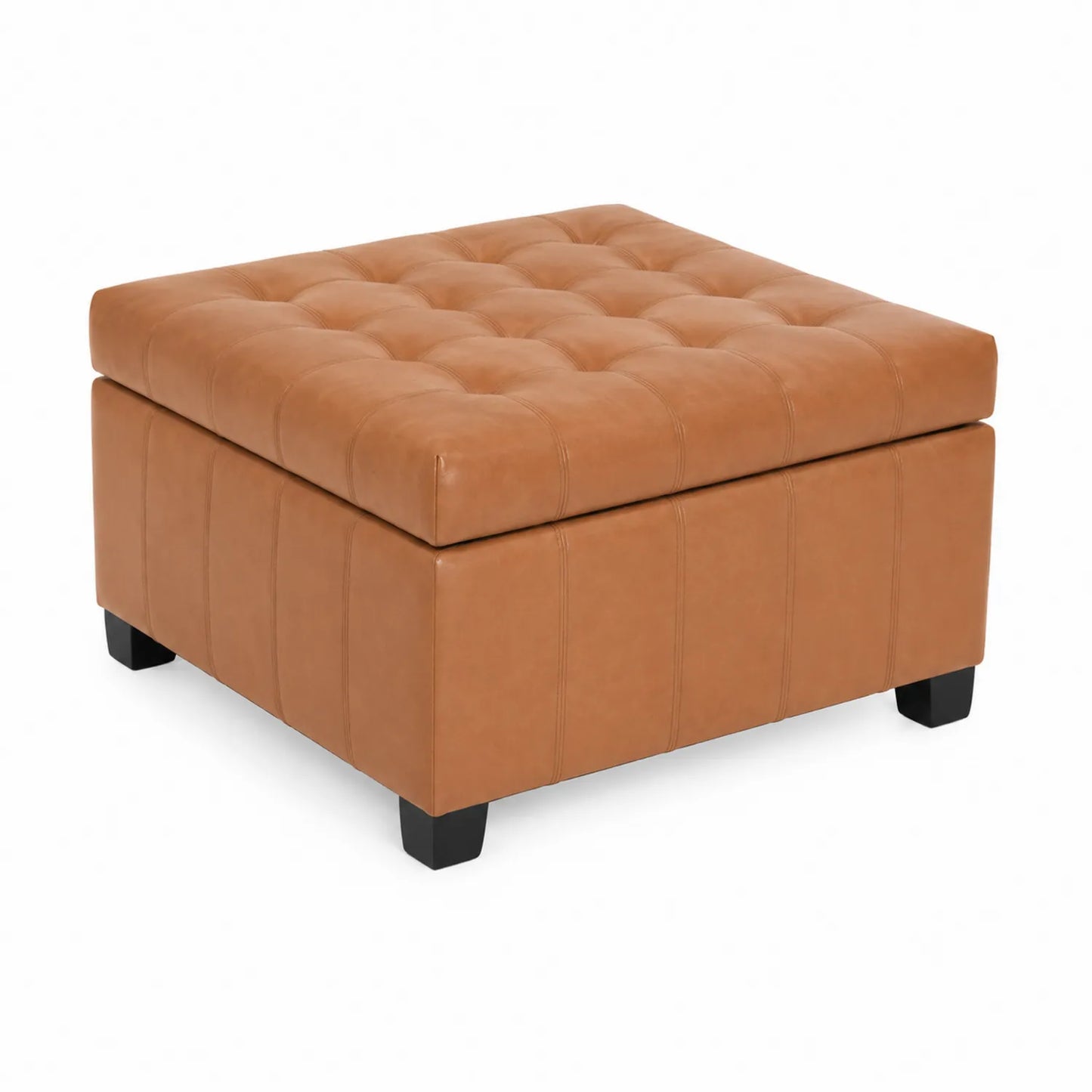 Pouf carré en cuir synthétique marron avec pieds en bois massif