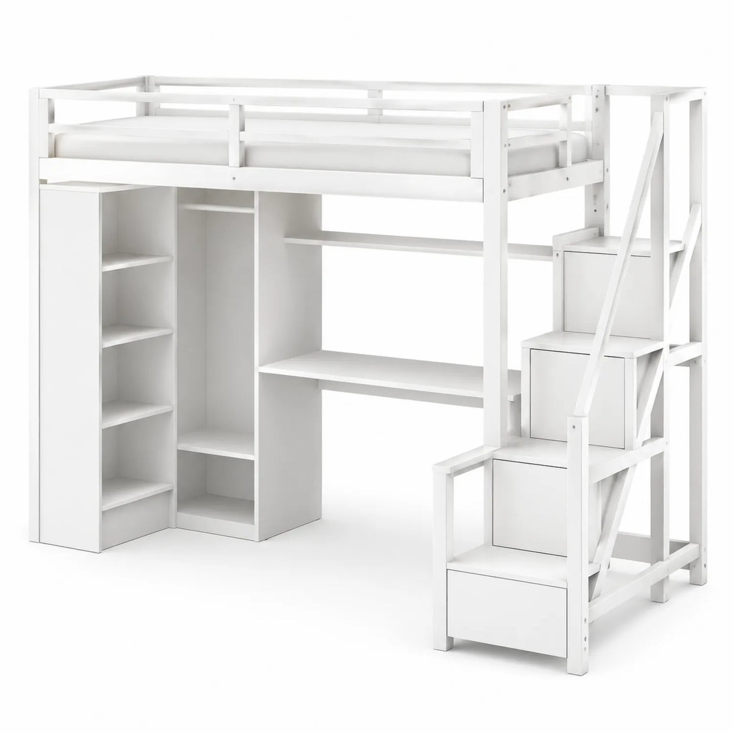 Lit mezzanine en bois avec rangement intégré et escalier 200x90 cm