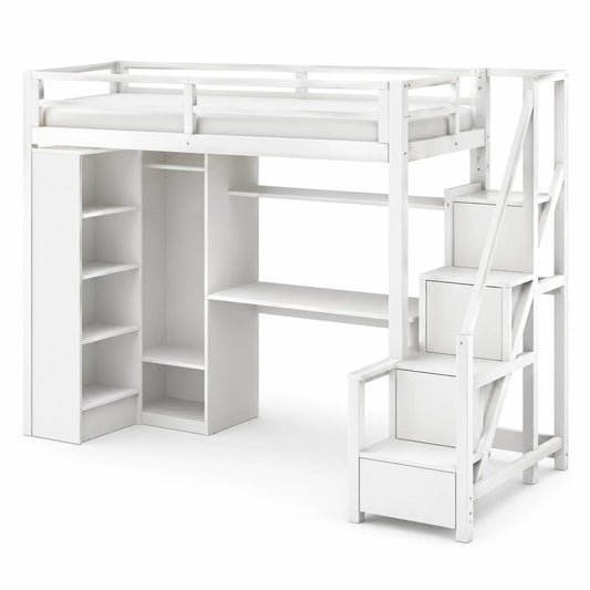 Lit mezzanine en bois avec rangement intégré et escalier 200x90 cm